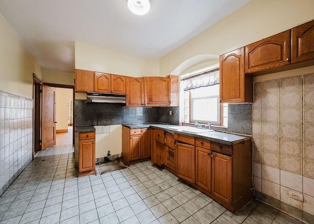 1228 S 59th Ave, Cicero, IL 60804 - kitchen with brown cabinetry, under cabinet range hood, a sink, and tasteful backsplash