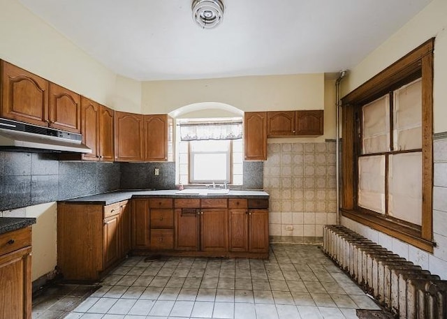 1228 S 59th Ave, Cicero, IL 60804 - kitchen featuring radiator heating unit, a sink, brown cabinetry, under cabinet range hood, and visible vents