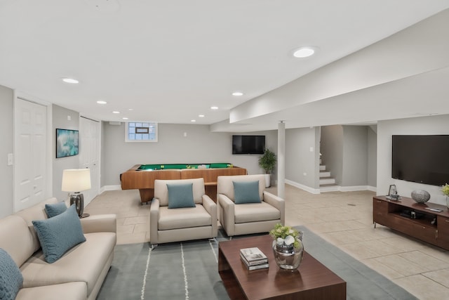 330 Paxton Ave, Calumet City, IL 60409 - living area with light tile patterned flooring, stairs, pool table, baseboards, and recessed lighting