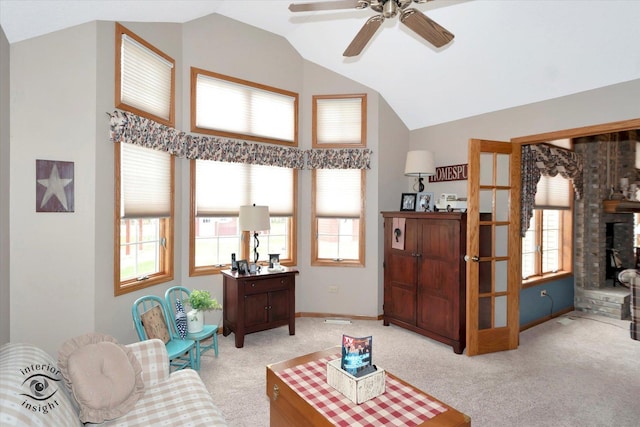 274 N School St, Braidwood, IL 60408 - living room with high vaulted ceiling, a ceiling fan, light colored carpet, and baseboards