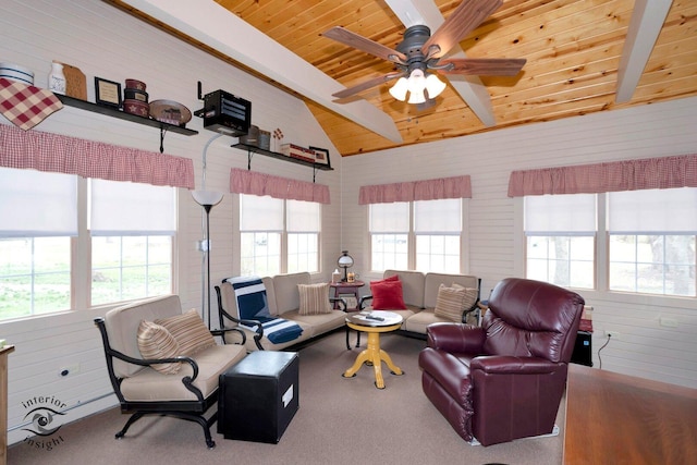 274 N School St, Braidwood, IL 60408 - living area with wooden ceiling, ceiling fan, lofted ceiling with beams, and a healthy amount of sunlight
