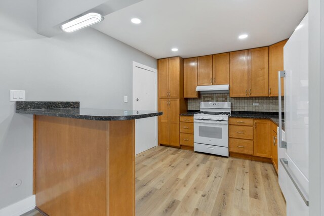 kitchen featuring backsplash, light wood finished floors, white appliances, under cabinet range hood, and brown cabinetry