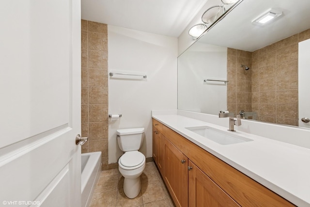 full bathroom with toilet, vanity, shower / bath combination, and tile patterned flooring
