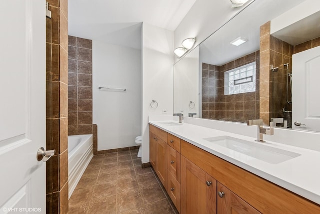 full bathroom featuring toilet, a sink, double vanity, and walk in shower