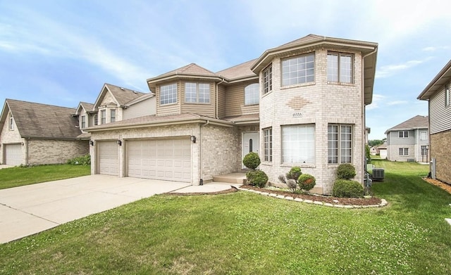 view of front facade with a front lawn, an attached garage, driveway, and brick siding