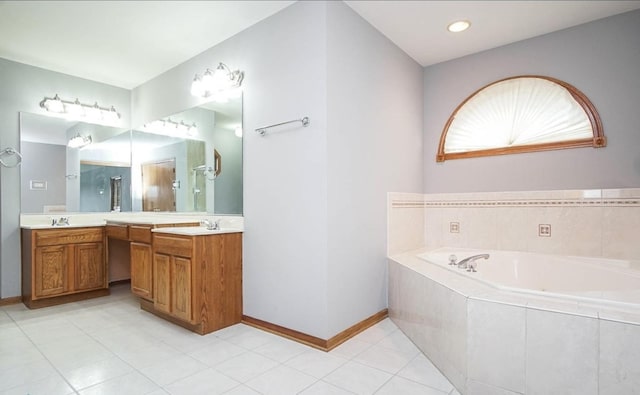 full bath featuring a garden tub, double vanity, baseboards, and tile patterned floors
