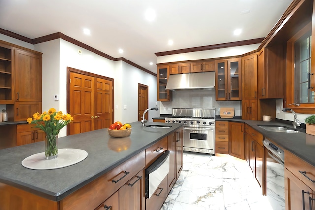 1745 W Cornelia Ave, Chicago, IL 60657 - kitchen with under cabinet range hood, a warming drawer, range with two ovens, dishwashing machine, and dark countertops