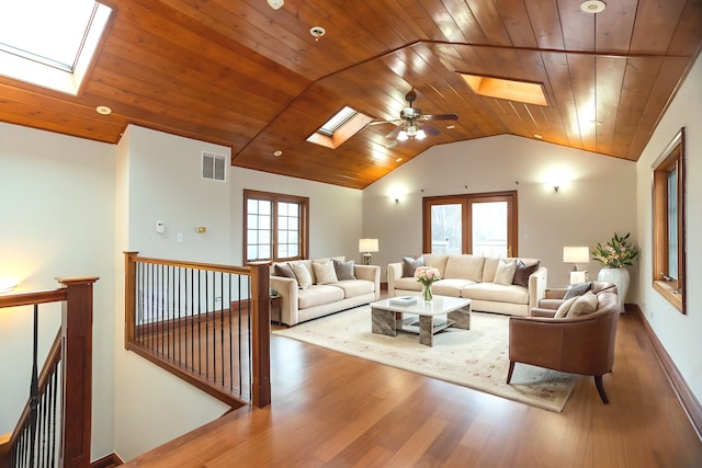 1745 W Cornelia Ave, Chicago, IL 60657 - living room featuring a skylight, wooden ceiling, vaulted ceiling, wood finished floors, and a ceiling fan