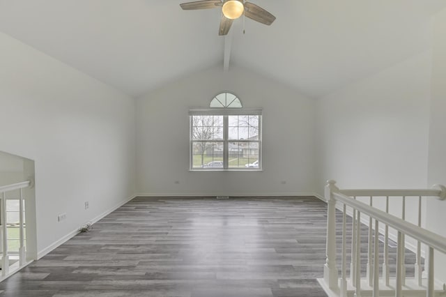 12525 S Central Park Ave, Alsip, IL 60803 - spare room featuring a ceiling fan, lofted ceiling with beams, baseboards, and wood finished floors