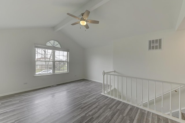 12525 S Central Park Ave, Alsip, IL 60803 - spare room featuring lofted ceiling with beams, wood finished floors, baseboards, visible vents, and ceiling fan