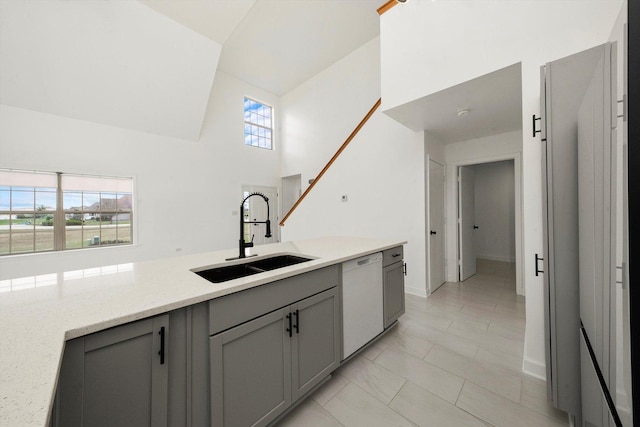 286 Sunset Blvd, Beecher, IL 60401 - kitchen featuring a sink, gray cabinets, high vaulted ceiling, and white dishwasher