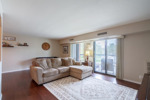1505 E Central Rd Unit 211B, Arlington Heights, IL 60005 - living room featuring dark wood-style flooring and baseboards