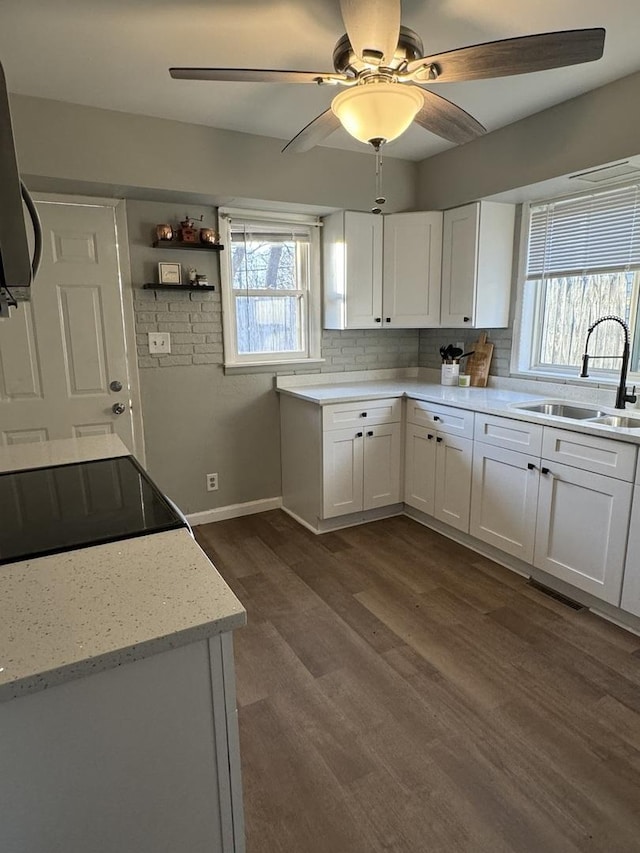 kitchen with white cabinetry, ceiling fan, a sink, and dark wood-style floors