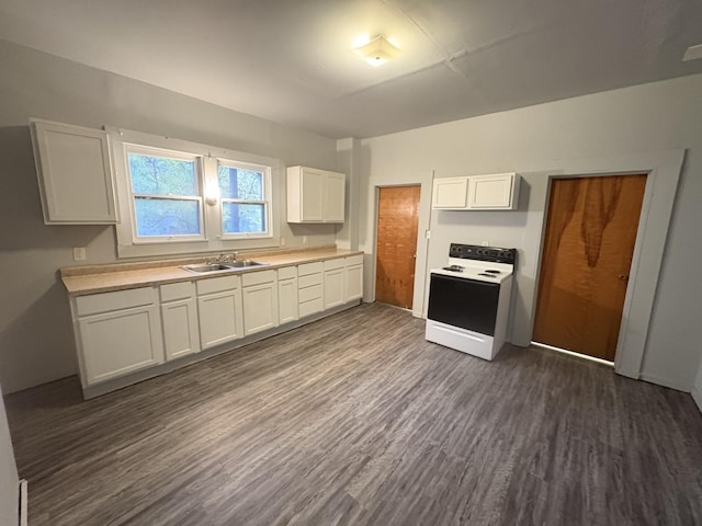 716 Robinson St, Danville, IL 61832 - kitchen featuring light countertops, white electric range, dark wood finished floors, white cabinetry, and a sink