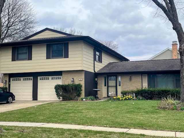 view of front of home with concrete driveway, an attached garage, brick siding, and a front lawn