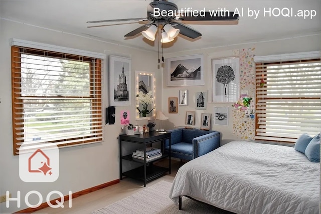 bedroom featuring baseboards, a ceiling fan, and light colored carpet