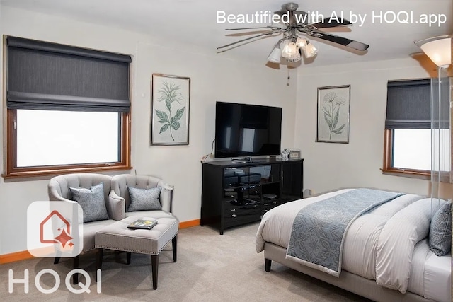 bedroom with baseboards, light colored carpet, and ceiling fan