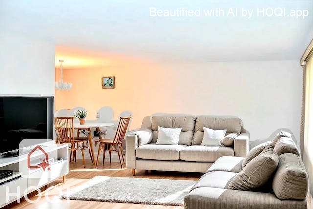 living area featuring wood finished floors and a notable chandelier