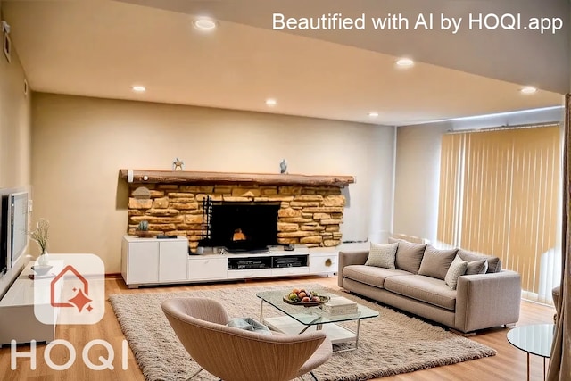 living room featuring recessed lighting and light wood-style flooring