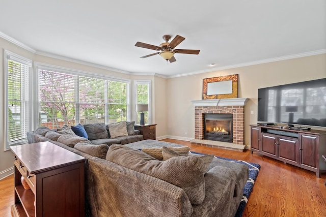 living area with crown molding, a ceiling fan, and wood finished floors