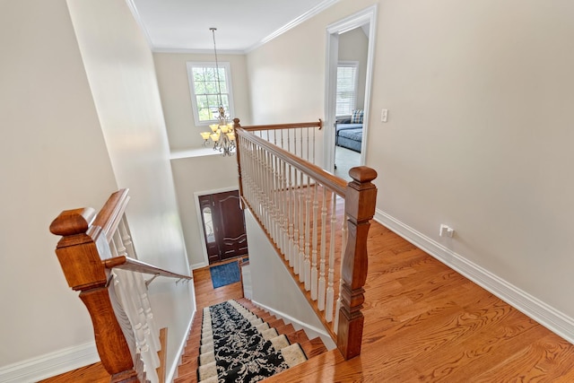stairway with crown molding, baseboards, an inviting chandelier, and wood finished floors