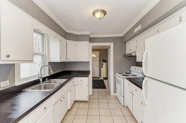 26W441 Geneva Rd, Wheaton, IL 60187 - kitchen with a sink, under cabinet range hood, white cabinetry, white appliances, and dark countertops