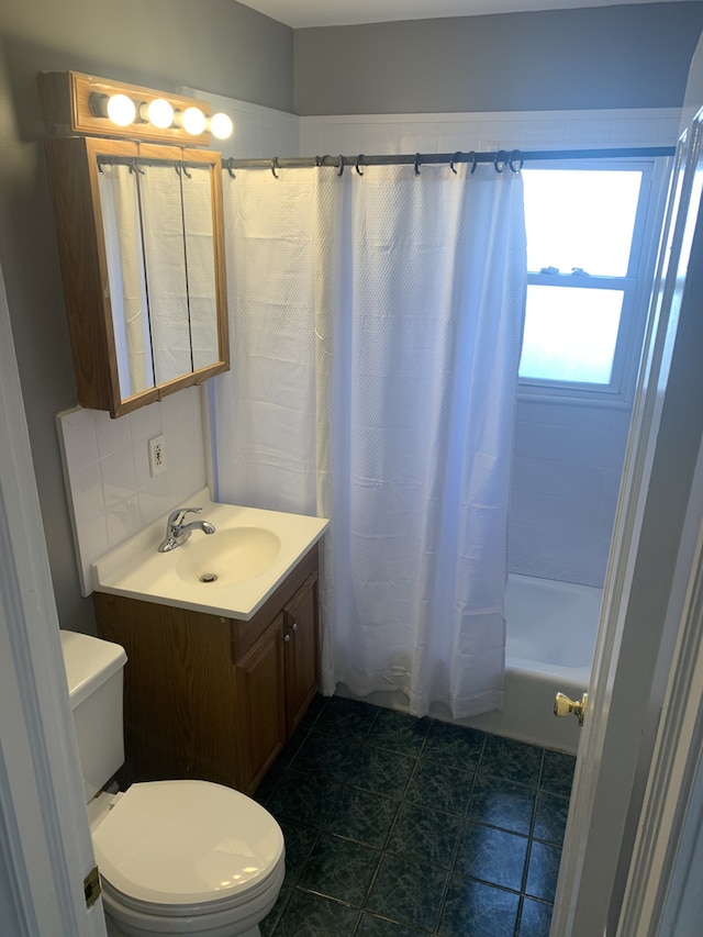 26W441 Geneva Rd, Wheaton, IL 60187 - bathroom featuring toilet, shower / bath combination with curtain, and vanity