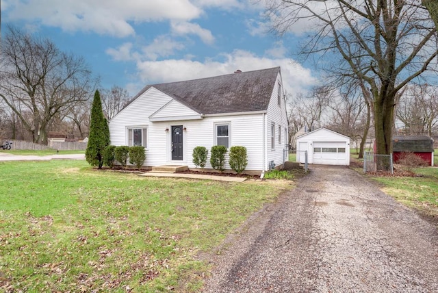 26W441 Geneva Rd, Wheaton, IL 60187 - view of front of property featuring an outdoor structure, aphalt driveway, a shingled roof, a garage, and a front lawn