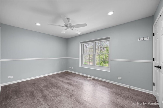 unfurnished room featuring recessed lighting, baseboards, visible vents, and ceiling fan