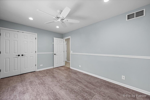 unfurnished bedroom with a ceiling fan, visible vents, baseboards, a closet, and recessed lighting