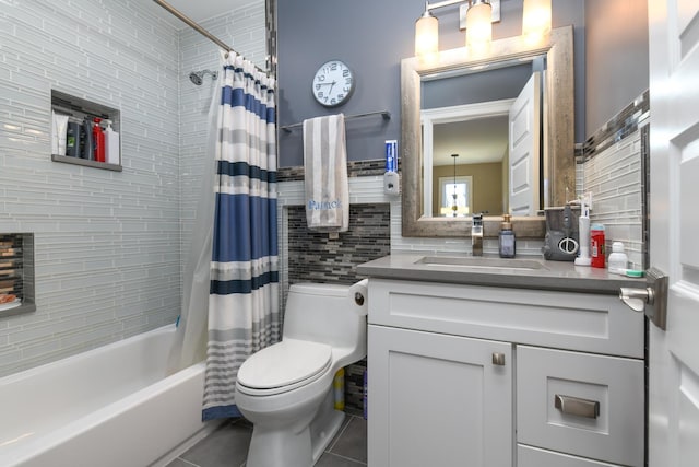 111 Grace Ln, Fox River Grove, IL 60021 - bathroom featuring vanity, shower / bath combination with curtain, toilet, tile patterned floors, and tasteful backsplash