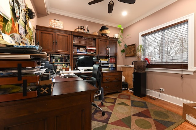 111 Grace Ln, Fox River Grove, IL 60021 - home office with a ceiling fan, baseboards, ornamental molding, and light wood-style flooring