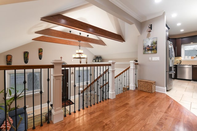 111 Grace Ln, Fox River Grove, IL 60021 - corridor with crown molding, baseboards, lofted ceiling with beams, an upstairs landing, and recessed lighting