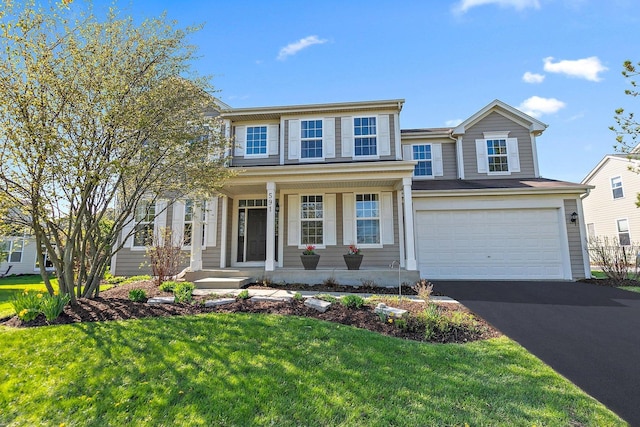 591 Waterford Rd, Elgin, IL 60124 - traditional-style home with driveway, a porch, a garage, and a front lawn