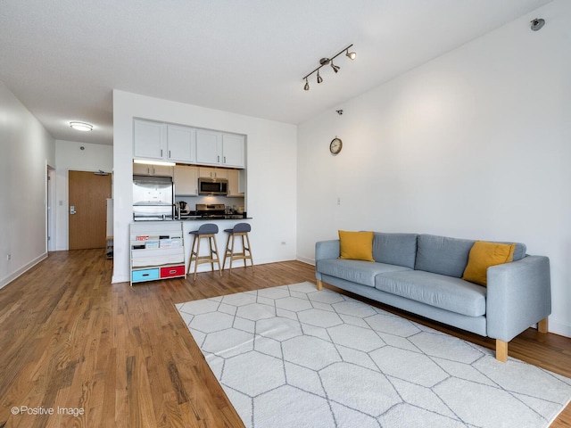 living room with baseboards and wood finished floors