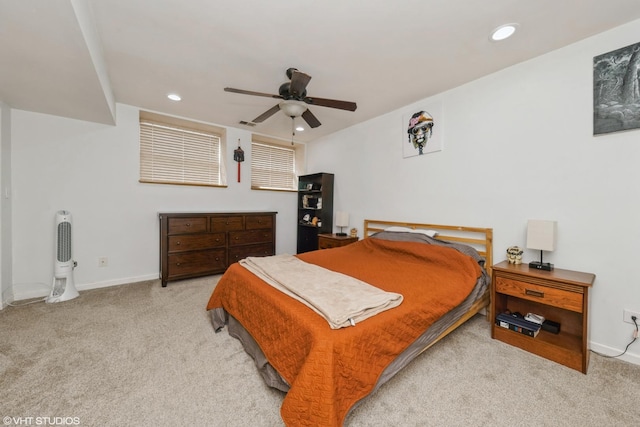 bedroom with baseboards, a ceiling fan, recessed lighting, and carpet