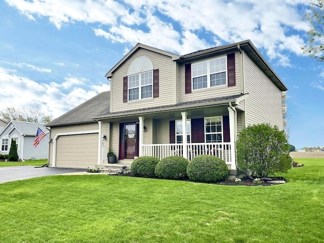 102 W Auburndale Ave, Cortland, IL 60112 - traditional-style house with covered porch, an attached garage, driveway, and a front lawn