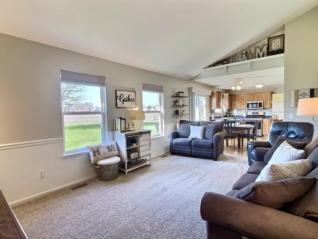 102 W Auburndale Ave, Cortland, IL 60112 - living area with baseboards, lofted ceiling, carpet floors, and visible vents