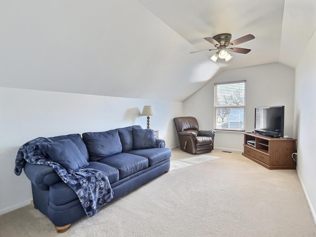 102 W Auburndale Ave, Cortland, IL 60112 - living area with a ceiling fan, baseboards, light colored carpet, and vaulted ceiling