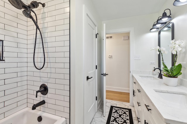 15150 109th Ave, Orland Park, IL 60467 - bathroom featuring shower / tub combination, double vanity, marble finish floors, and baseboards