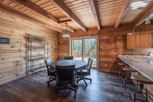 dining room featuring beam ceiling, wood walls, wooden ceiling, and dark wood-style floors