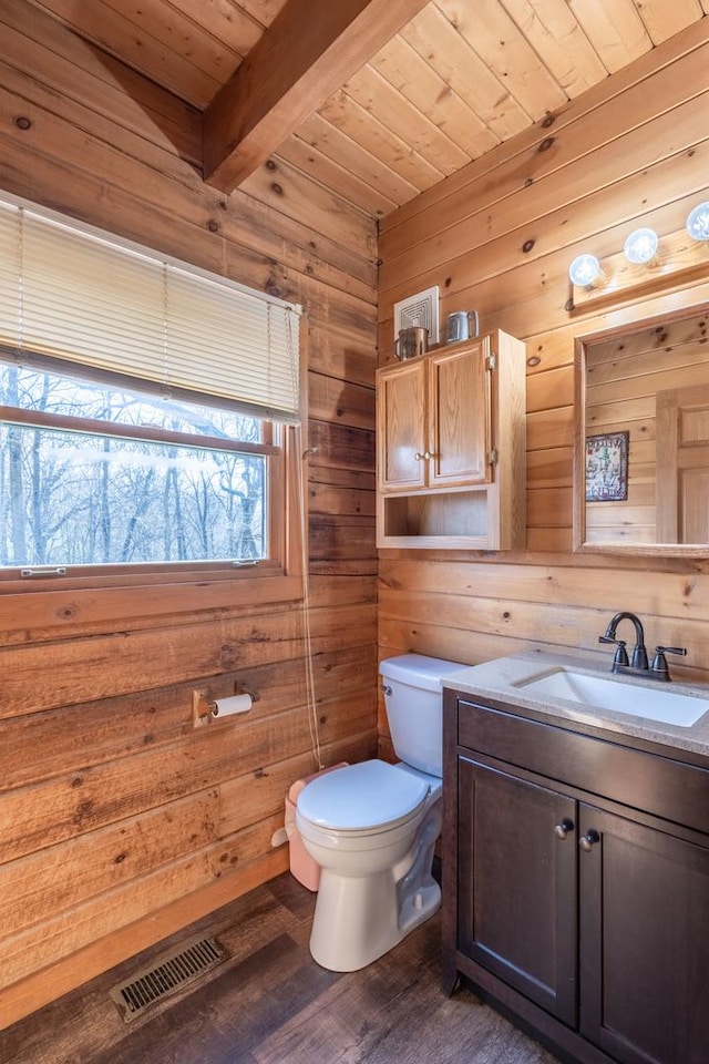 bathroom with wood walls, visible vents, toilet, beam ceiling, and wood ceiling