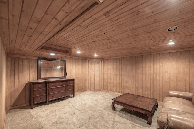sitting room featuring wood ceiling, carpet floors, wood walls, and recessed lighting