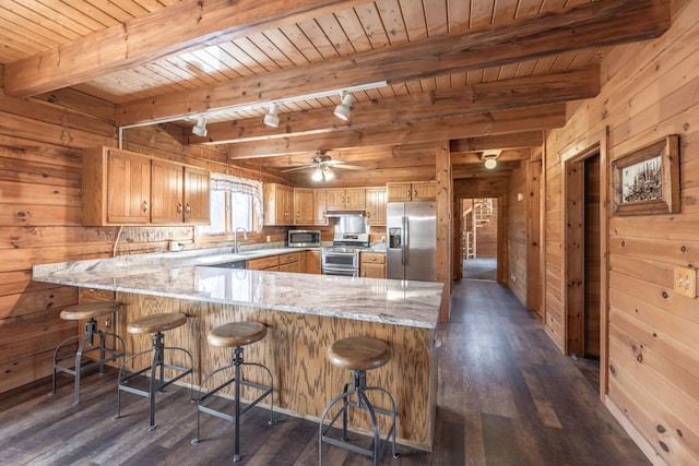 kitchen featuring a peninsula, a sink, wood walls, wood ceiling, and appliances with stainless steel finishes