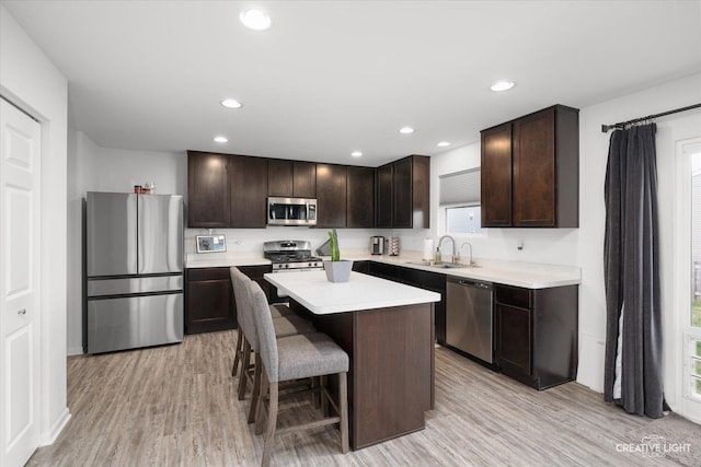 927 Hyte St, Plano, IL 60545 - kitchen with dark brown cabinetry, light countertops, light wood-style floors, appliances with stainless steel finishes, and a sink