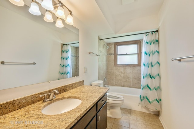 full bathroom with toilet, tile patterned floors, shower / bath combination with curtain, and vanity