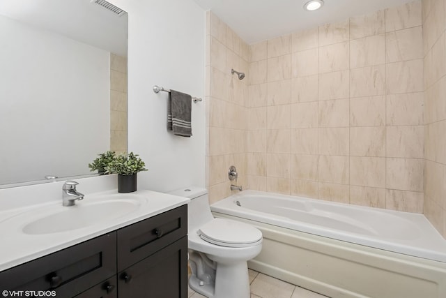 bathroom featuring visible vents, toilet,  shower combination, vanity, and tile patterned floors