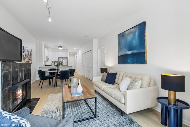 living room featuring baseboards, rail lighting, light wood-style floors, and a fireplace