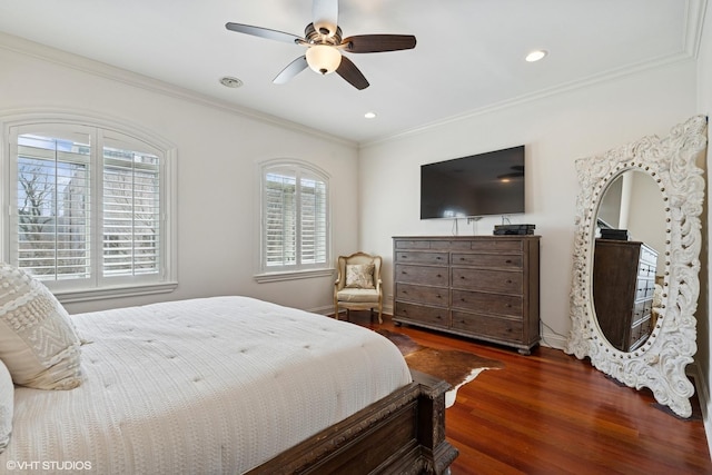 bedroom featuring a ceiling fan, wood finished floors, recessed lighting, and ornamental molding