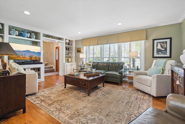 401 Aurora Ct, Vernon Hills, IL 60061 - living area featuring wood finished floors, recessed lighting, ornamental molding, and stairway